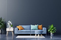 Modern living room interior with sofa and green plants,lamp,table on dark wall background.